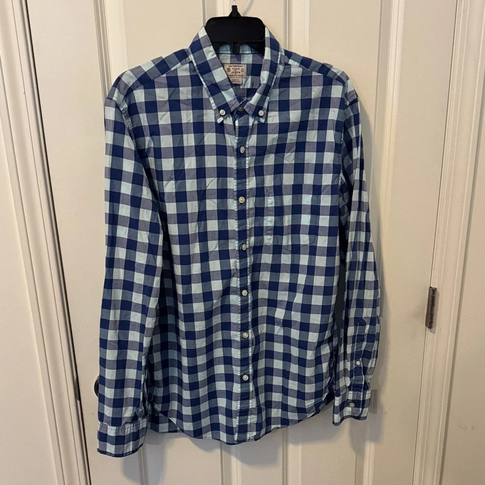 J. Crew Tailored Fit Navy and Light Blue Gingham Button-Down Shirt